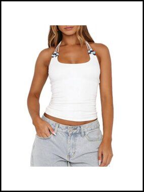 Women Beaded Halter Crop Tank Top Backless Slim Fit Sleeveless Y2K Summer